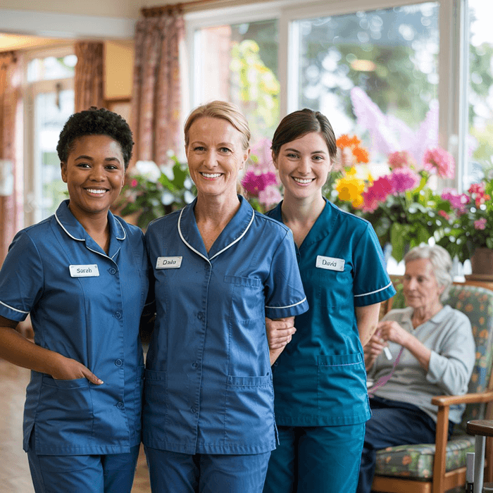 Caregiver and clients in a relaxed, social interaction