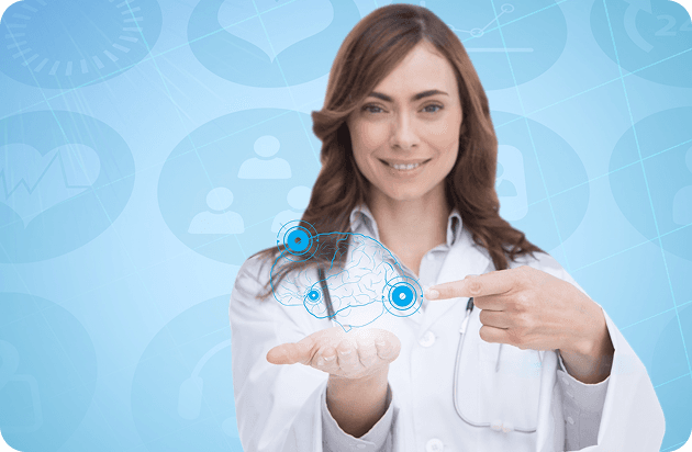 Healthcare professional with digital graphics representing connected care and expertise