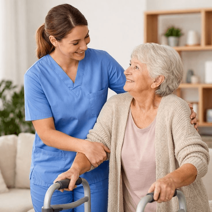 Caregiver in light blue uniform assisting an elderly woman in a pink cardigan